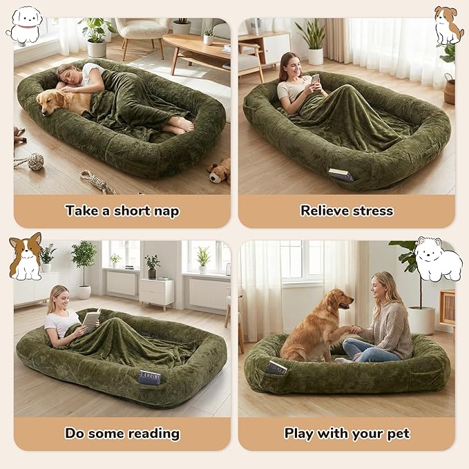 Human Dog Bed, 71 x 47 x 12 in Washable Extra Large Dog Bed for People, Giant DogBed with Storage Pockets, Green