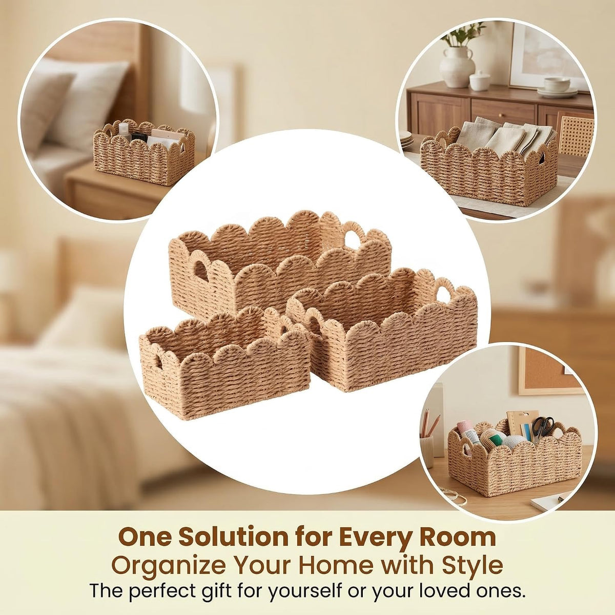 Scalloped Wicker Baskets Set of 3, Hand-Woven Storage with Handles