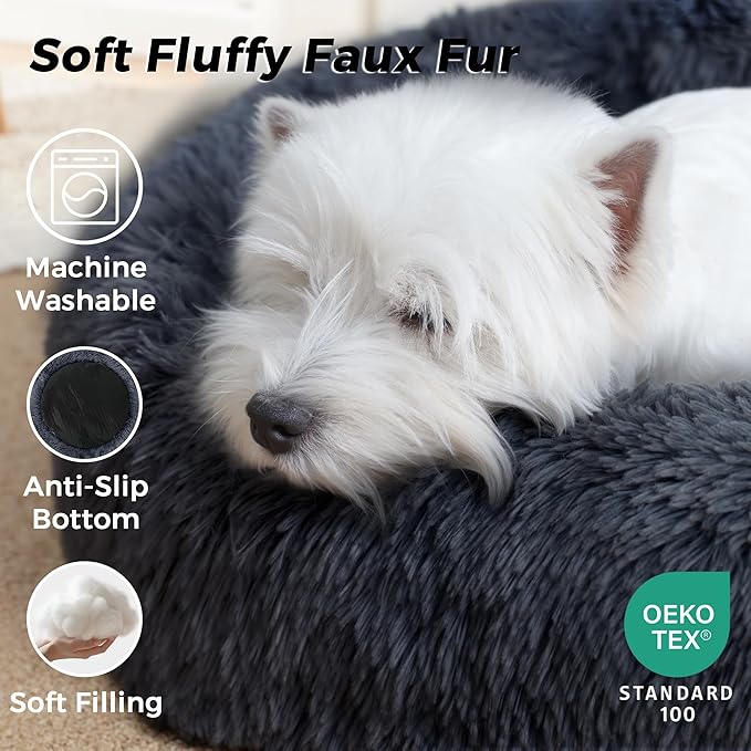 Calming Dog Bed & Cat Bed for Indoor Cats, Medium Size Washable Anti-Slip Anti-Anxiety Donut Dog Beds for Small Dogs & Cats, Fluffy Plush Cozy Round Dogs Beds(20 Inch, Blue Grey)