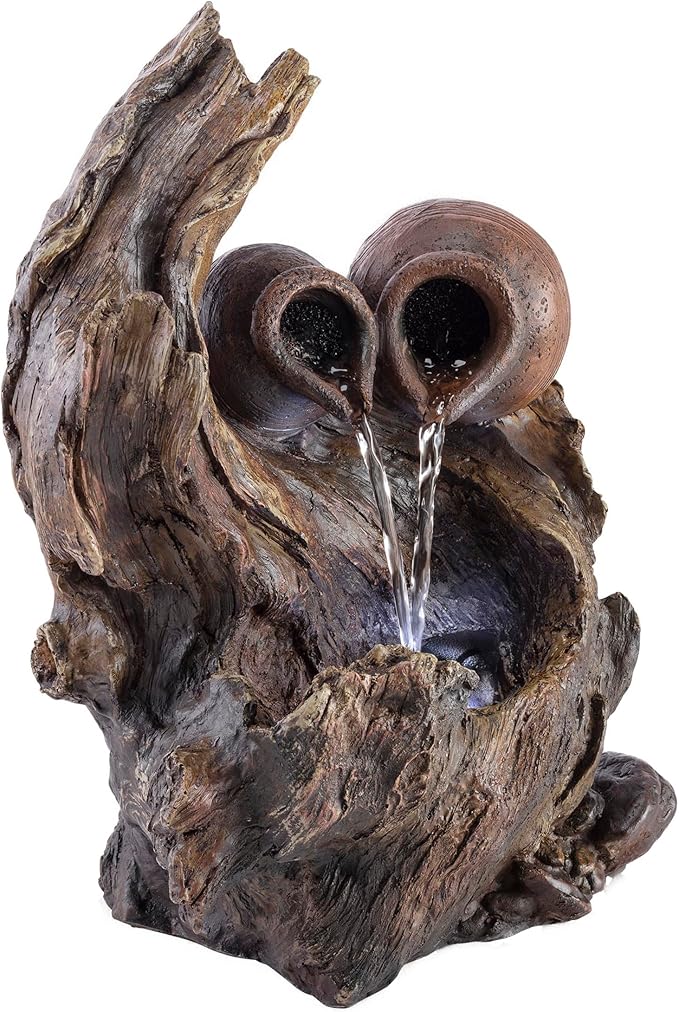 Alpine Corporation 14" Tall Indoor Tabletop Two Jars on a Tree Branch Fountain with LED Lights