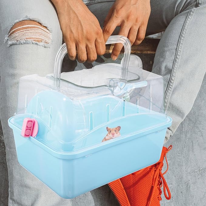POPETPOP Portable Hamster Cage : Plastic Hamster Carrier with Water Bottle - Breathable Small Animal Carrier Cage for Gerbil Hedgehog, 8.84X6.68X6.48in (Blue)