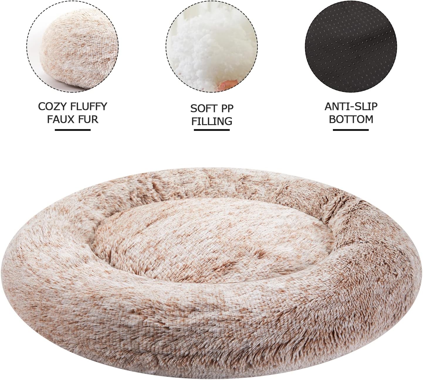Bedfolks Calming Donut Dog Bed, 36 Inches Round Fluffy for Large Dogs, Anti-Anxiety Plush, Machine Washable (Brown, Large)