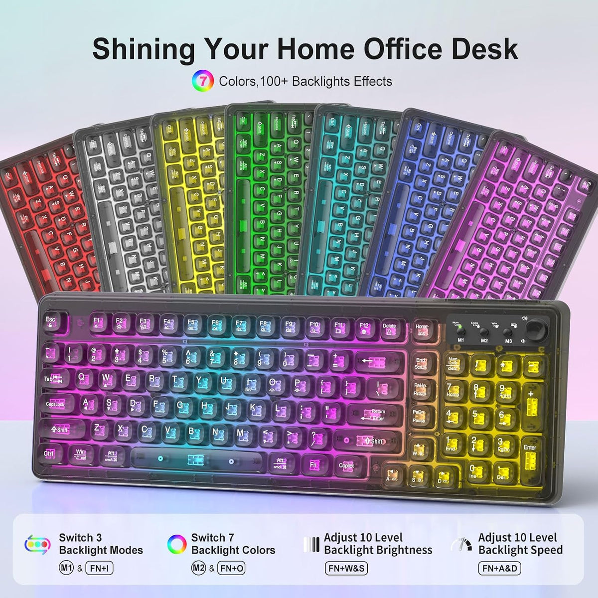 Wireless Keyboard and Mouse Combo Rechargeable, Light Up Transparent Backlit Keyboard with 15 LED Lighting Effects, Volume Knob, RGB Mouse, 2.4GHz Wireless for PC Laptop Desktop, Black