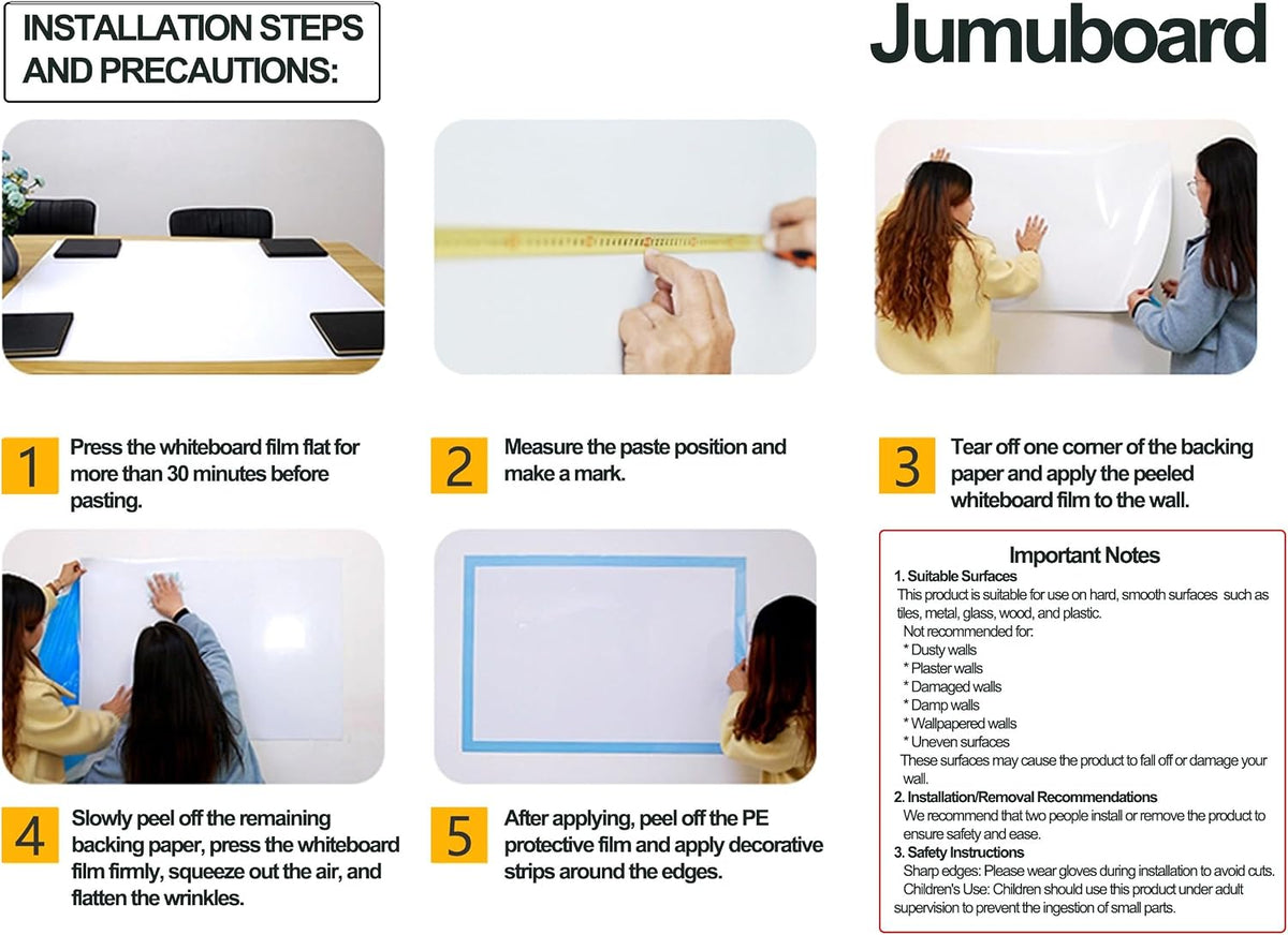JUMUBOARD Self-Adhesive Magnetic Dry Erase Whiteboard Sticker, 48" x 24"