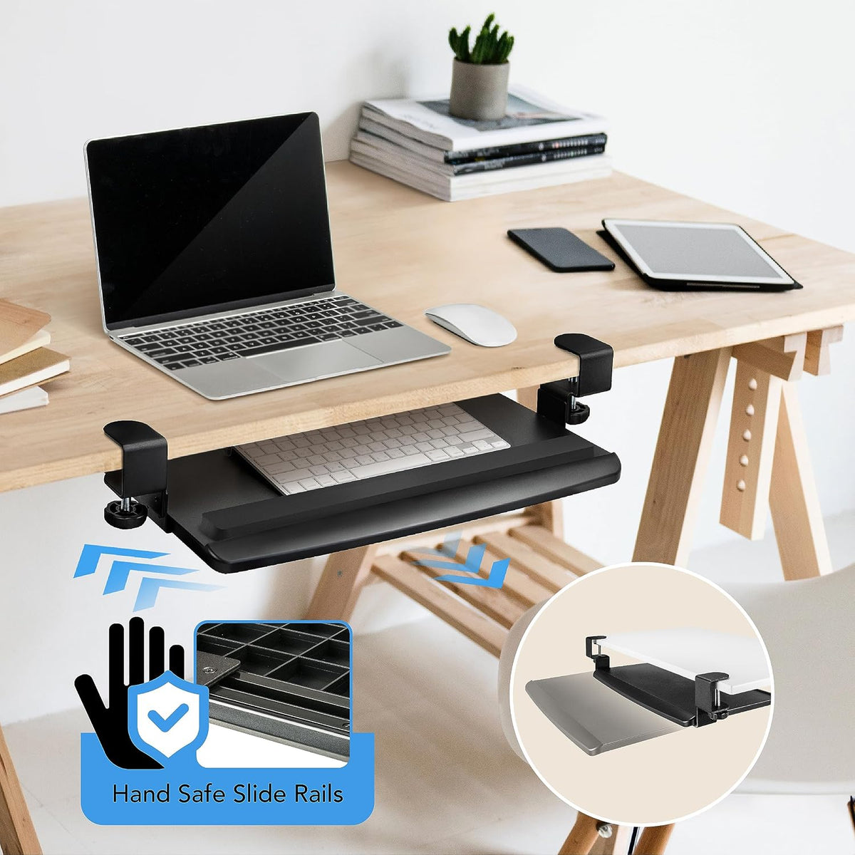 EHO Clamp-On Retractable Adjustable Keyboard Tray, Under Desk Ergonomic Keyboard Tray - Easy Tool-Free Install - Small with Wrist Rest 20" (24.8" Including Clamps) x 11.5" for Enhanced Typing Comfort