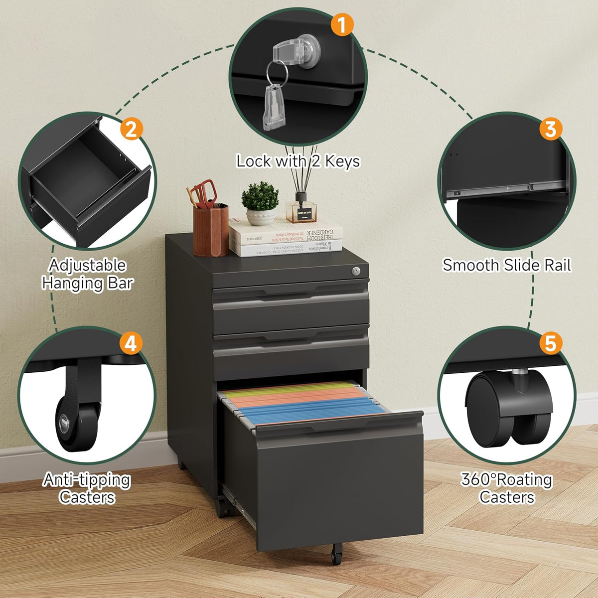 Mobile File Cabinet with Lock,3 Drawer Under Desk Metal Rolling Filing Cabinets for Home Office Organizer A4/Letter/Legal,Easy Assembly,Black