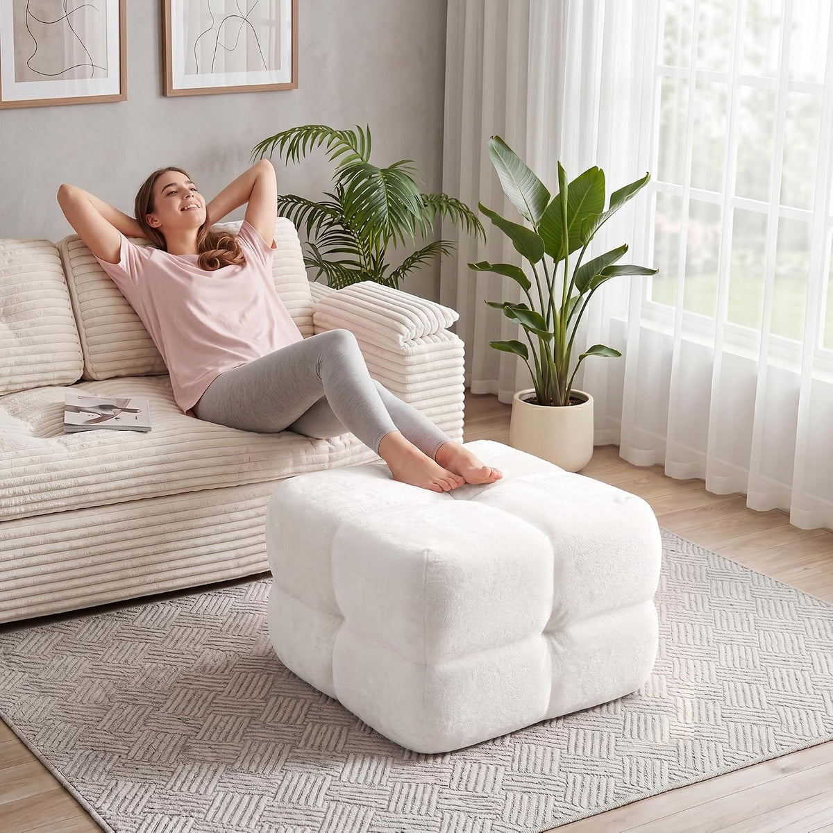 Bubble Chenille Ottoman, Foot Rest Stool for Couch, Beige