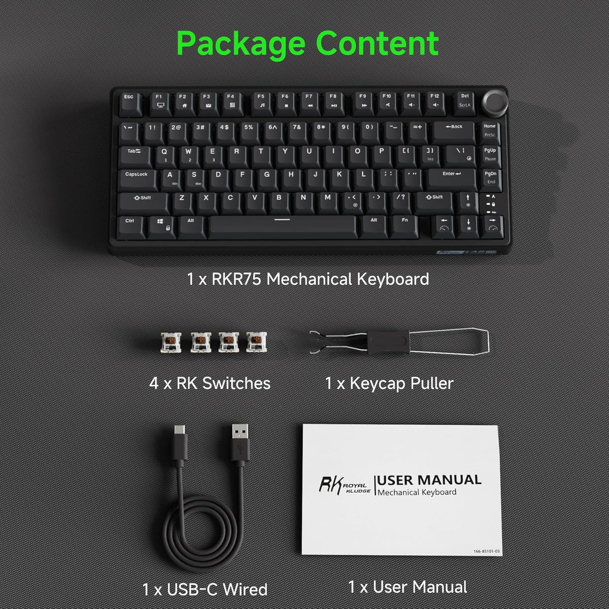 RK ROYAL KLUDGE R75 Wired Mechanical Gaming Keyboard, 75% Hot-Swap Mechanical Keyboard Volume Knob, Soft Pre-lubed Tactile Brown Switch