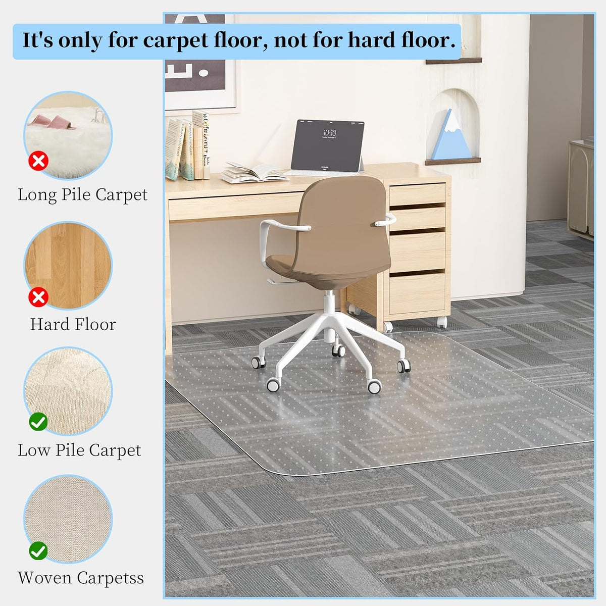 Tonaus Office Chair Mat for Carpet 60"x48" for Low Pile Carpets, Rectangle