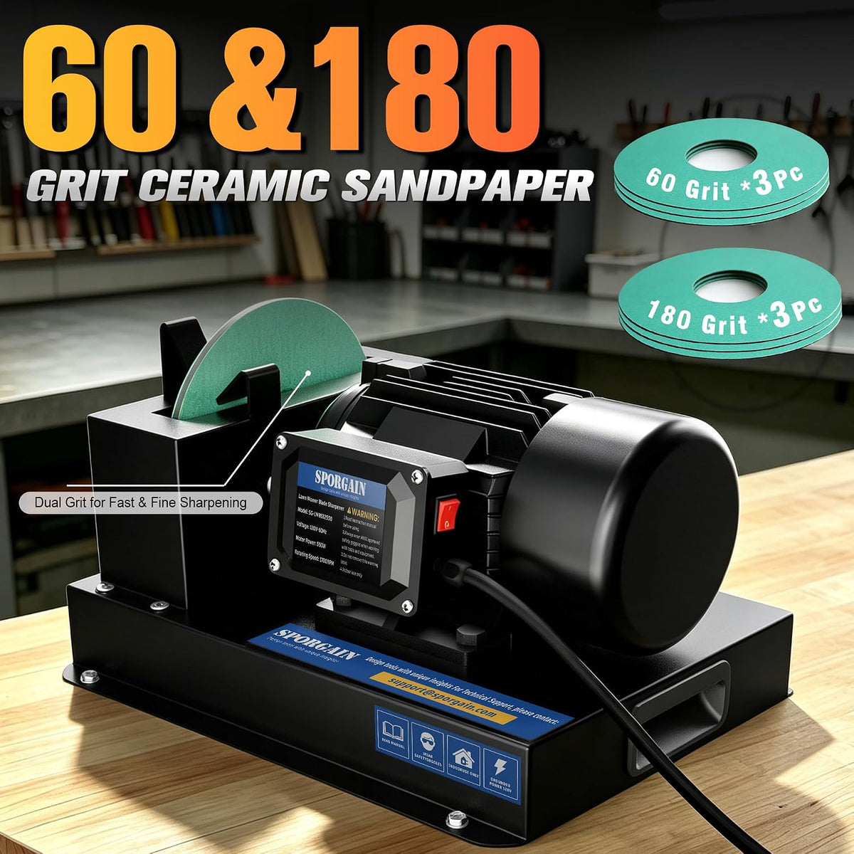 SporGain Updated Lawn Mower Blade Sharpener 2/3HP, 6 Sandpapers 60&180 Grit