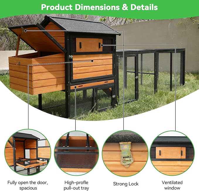 KEIKI 113" Wooden Chicken Coop with Run, Large Outdoor Hen Cage with Nesting Box and Predator-Proof Lock, Waterproof Anti-UV Roof Rabbit Hutch for Backyard Poultry, Brown