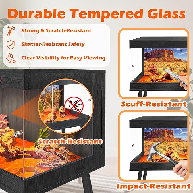 Royxen Bearded Dragon Tank with Metal Mesh Top and Leg Stand,Tempered Glass Reptile Tank,Reptile Enclosure,Lizard Tank for Chameleon,Snake,Lizard Habitat(24inch,Black)
