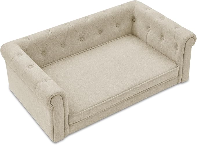 Elevated Dog Sofa with Backrest and Armrests, Button Tufted Dog Couch Bed with Soft Cushion for Medium Dogs, Stylish Lounging Bed Pet Couch Chair, 60Lbs Weight Capacity, Beige