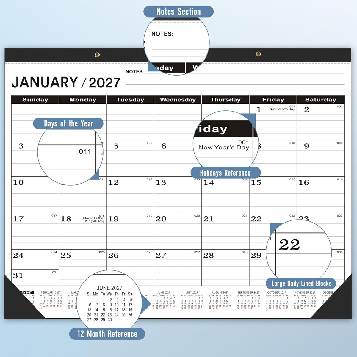 Desk Calendar 2026-2027,July 2026 to December 2027,Desk calendar 2026-2027 Large 22x17, Classroom Calendar 2027 with PVC Cover,Round Holes& NOTES List (Black),18 Months Calender 2027