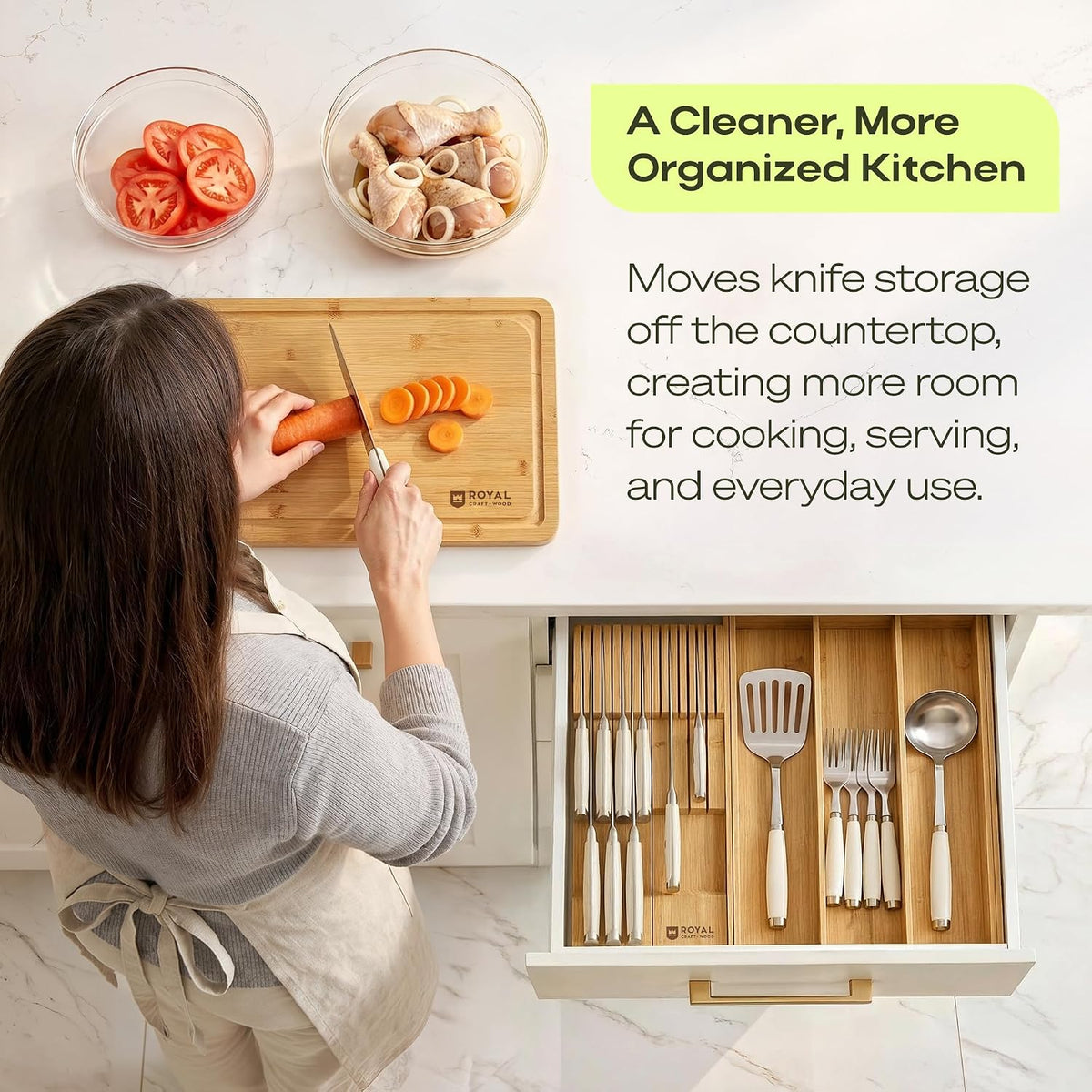Knife Drawer Organizer - Bamboo In-Drawer Knife Block for 14 Knives – Premium Drawer Knife Organizer Insert, Kitchen Knife Holder for Safe Knife Storage, Compact Kitchen Organization & Drawer Storage
