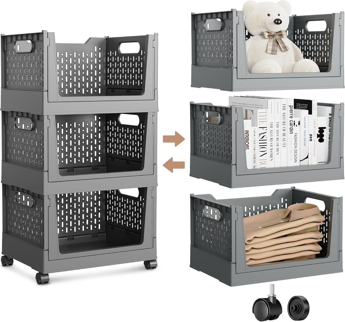 Stackable Storage Bins, Set of 3 Plastic Closet Organizers with Wheels