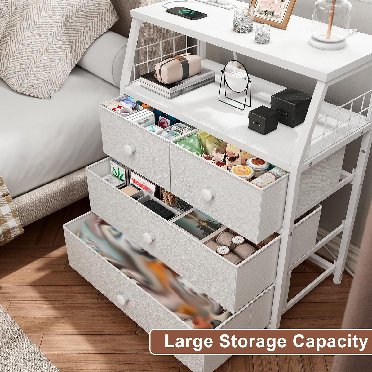 EnHomee Nightstand, 4 Fabric Drawer, LED Lights, Bedside Table