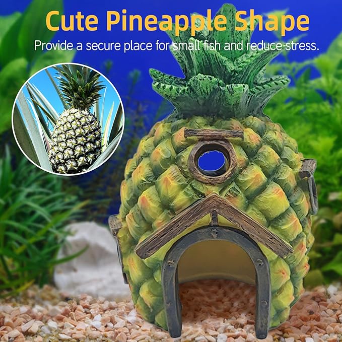 Tfwadmx Aquarium Decorations Resin Pineapple Fish Tank House Small Betta Fish Hideout Cave Shelter Decor Underwater Landscape Hut Aquarium Ornament for Shrimps Breeding Hiding(Green)