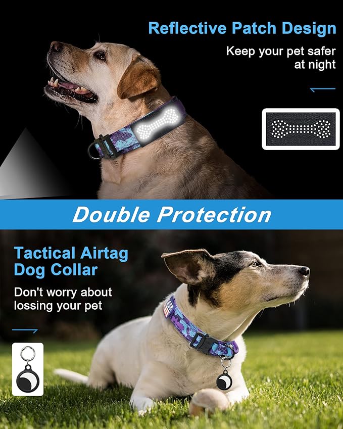 Hotsky Tactical Dog Collar and Leash Set, Heavy Duty Military Airtag Dog Collar with Handle and Metal Buckle for Training and Walking, with Airtag Holder and Two Patches (Purple Camo, XL)