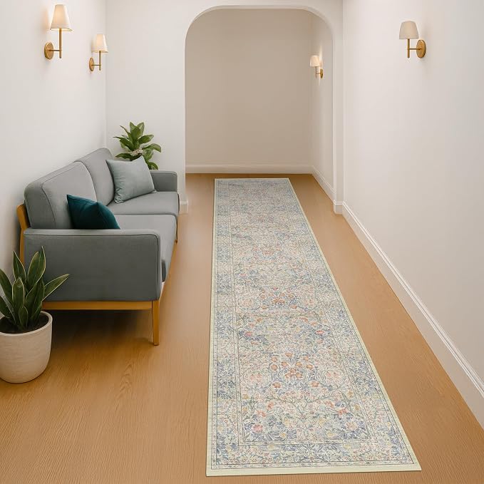 Hazo Haus Washable Beige Blue 2x10 Runner Rug