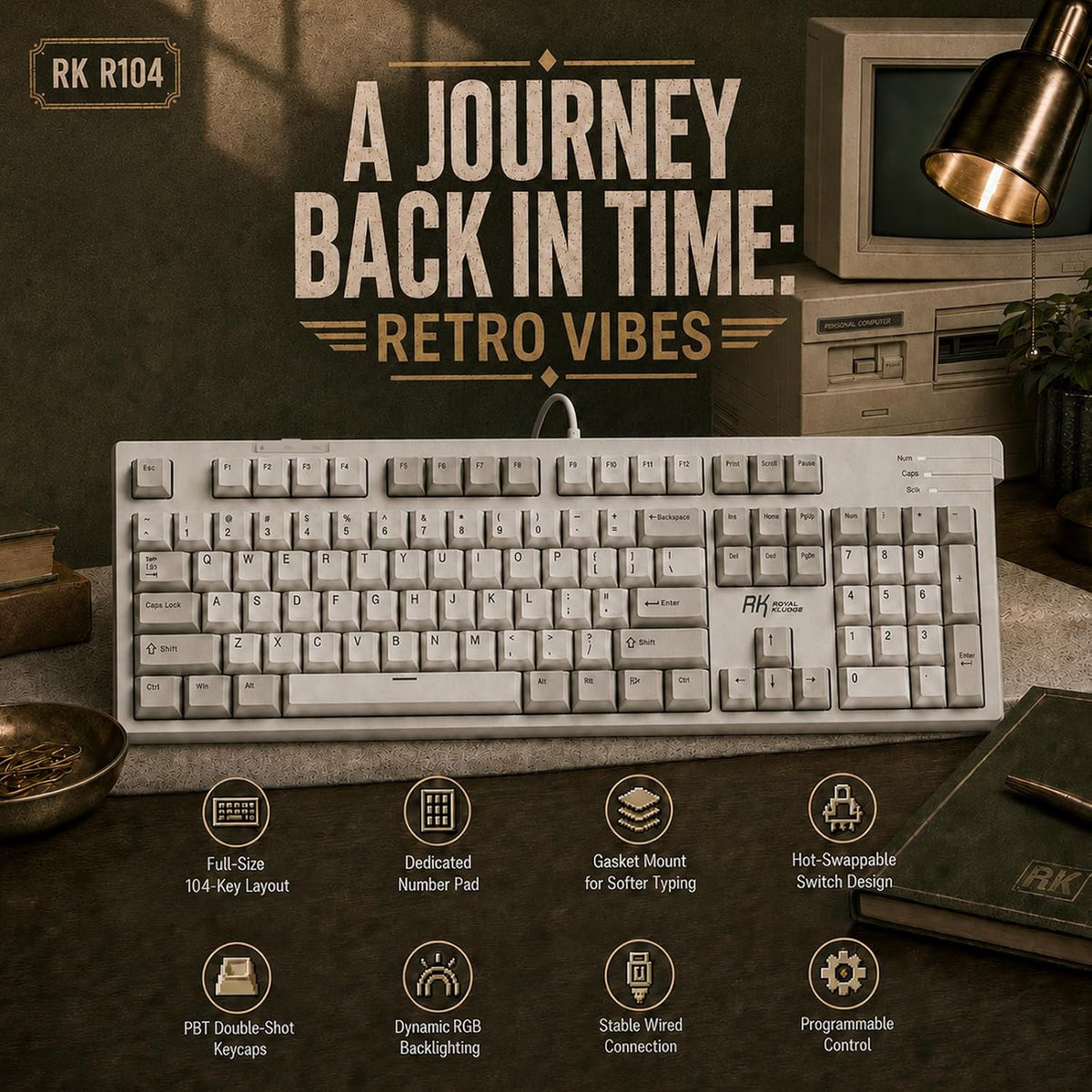 RK ROYAL KLUDGE R104 Wired Mechanical Keyboard Full Size, Gasket Mount