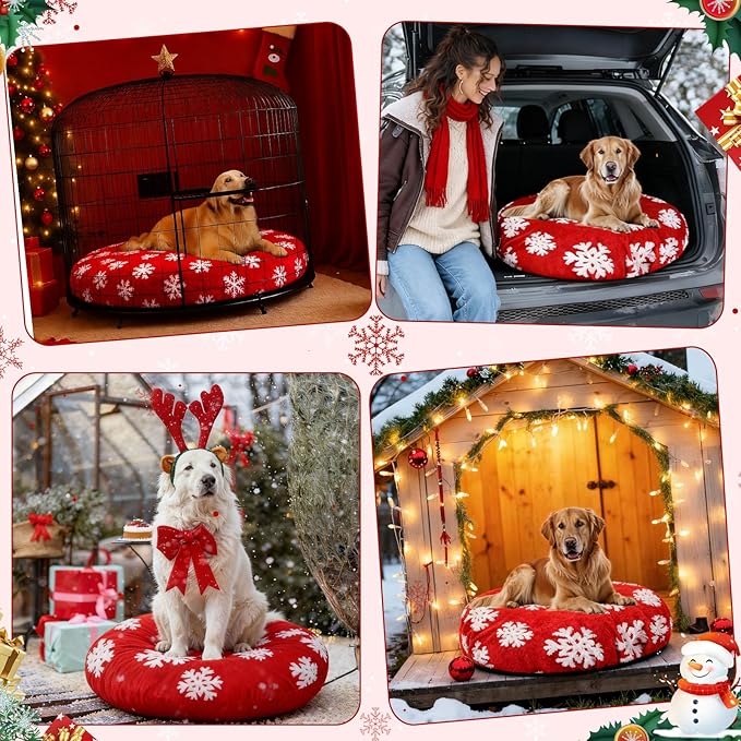 Oudain Dog Bed Cover 45 x 45 x 11 Red Snowflakes Waterproof Round Dog Bed Cover Replacement Washable for Round Dogs Beds Valentine's Day Christmas Winter Decor Scratch Resistant Mattress Protector