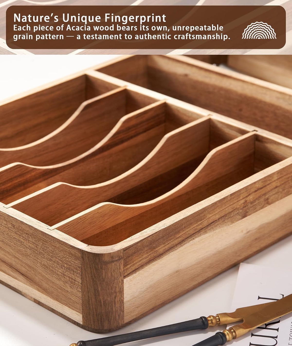 Silverware Drawer Organizer, Acacia Wood Tray for Cutlery & Flatware | 7-Compartment Utensil Holder for Forks & Spoons，17.5"×10.5"×2.7"