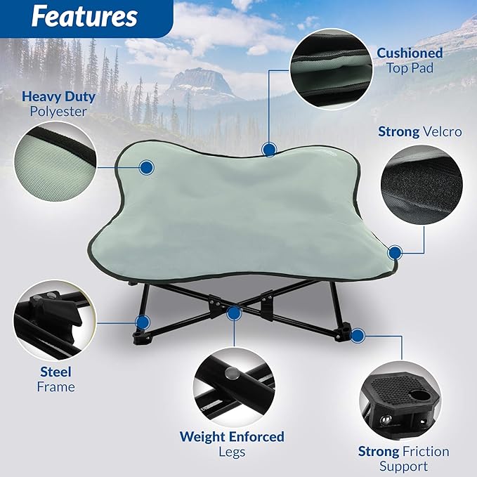 Portable Elevated Bed | Folding Pet Cot for Indoor, Outdoor, Traveling, Camping | Fold Up Steel Frame with Padded Cushion Canopy | Raised Travel Lounger for Large, Small, Dogs, Cats, up to 100 lb.