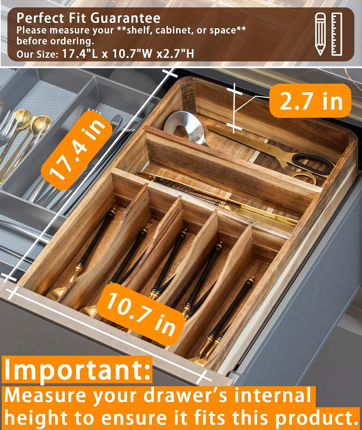 Silverware Drawer Organizer, Acacia Wood Tray for Cutlery & Flatware | 7-Compartment Utensil Holder for Forks & Spoons，17.5"×10.5"×2.7"