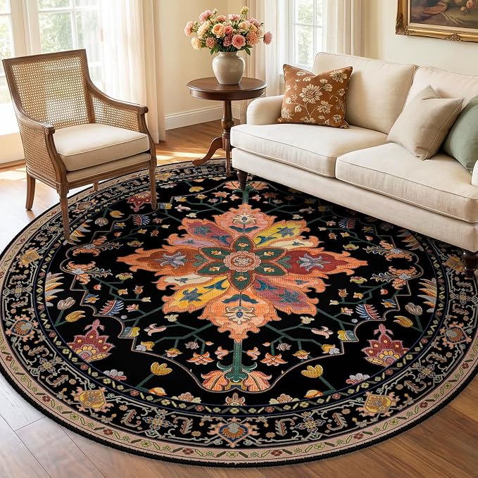 RELEANY Area Rugs Round 5ft Washable Non-Slip, Floral Vintage Distress