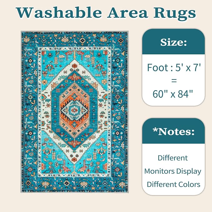 SERISSA Boho Area Rug 5x7 Blue, Washable Rugs