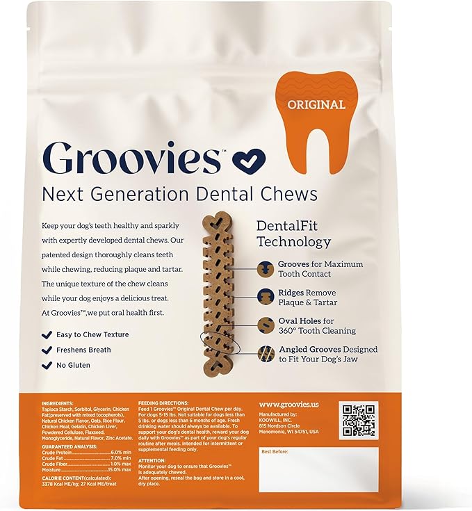 Groovies Flexible Dog Dental Chews with Patented DentalFit Technology to Help Support Tartar Control & Fresh Breath, Small Dog Chews for 5-15 lb Dogs, USA Manufactured Oral Care, 22 Chews