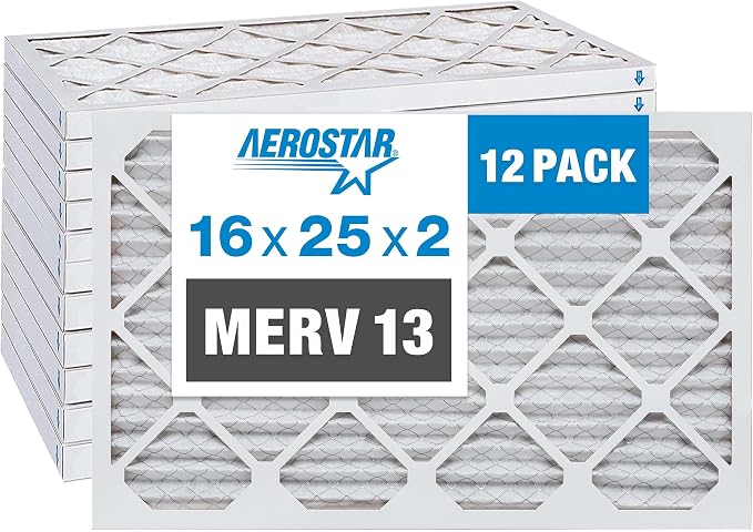 Aerostar 16x25x2 MERV 13 Pleated Air Filter, AC Furnace Air Filter, 12 Pack