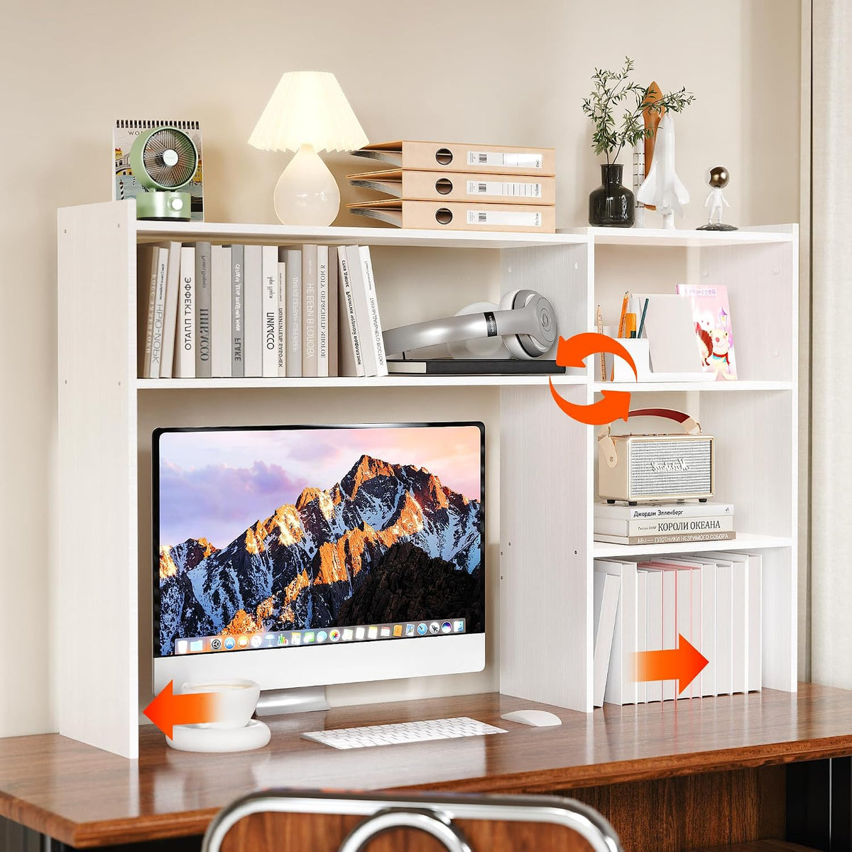 Aetheris Desktop Bookshelf, 43”Adjustable Office Desktop Organizer Shelf, Countertop Storage Hutch with 4 Shelves for Computer Desk, Adjustable Desk Hutch, Wooden Desktop Bookcase