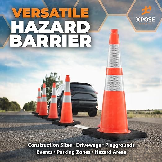 Xpose Safety 28 Inch Orange Slim Line Traffic Cones with 6" & 4" Collars, 48 Pack Multipurpose PVC Plastic Safety Cone for Parking, Soccer, Caution, Kids & Construction - DOT Approved
