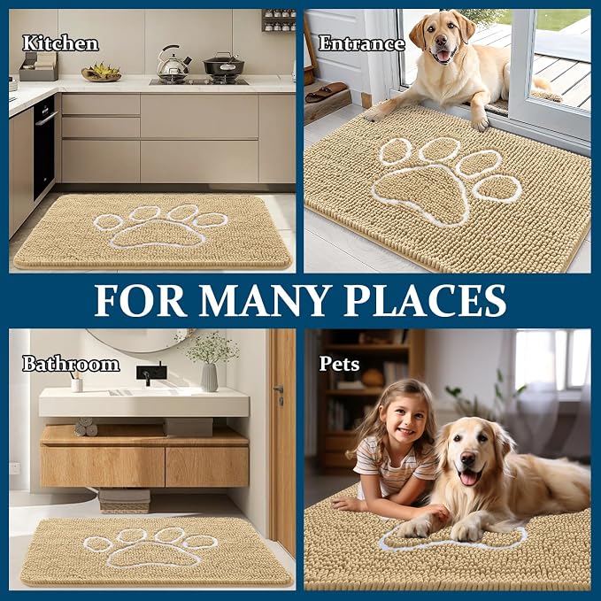 OLANLY Dog Door Mat for Muddy Paws 48x30, Paw Print Design, Absorbs Moisture