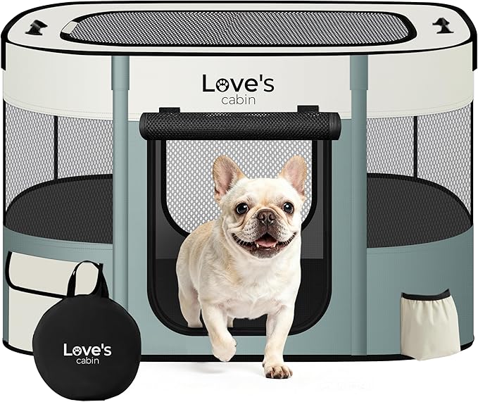 Love's cabin Pet Puppy Dog Playpen, Small Dog Tent Crates Cage Indoor/Outdoor, Portable Exercise Playpen for Cat, Foldable Pop Up Dog Kennel Playpen with Carring Case (S, Gray Green)