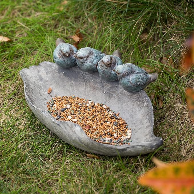 Bird-Feeder Wild Bird-Bath Bowl Outdoors - Garden Decor Polyresin Birds on Leaf 12.4 * 7.5 * 4.1 Inch-Newman House Studio