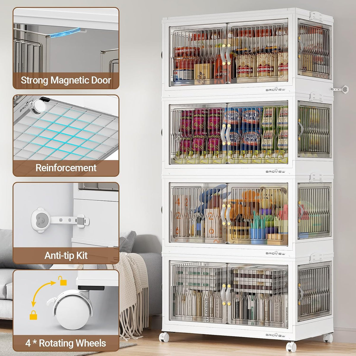 BROVIEW 150Gal Stackable Storage Bins with 5 Lids Foldable Cabinet, W,5Pack