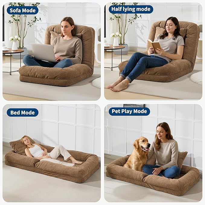 GarveeHome Human Dog Bed for Adult, Comfy Lazy Sofa Bed with 2 Pillows & 5 Adjustable Position, Chenille Upholstered Lounge Chair for Living Room Bedroom Brown