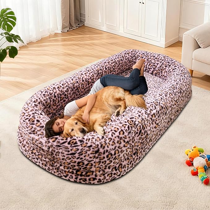Human Dog Bed for Adult,70"x38"x10" Extra Large Human Pet Bed,Orthopedic Washable XL Dog Bed with Memory Foam (Pink Leopard Print)