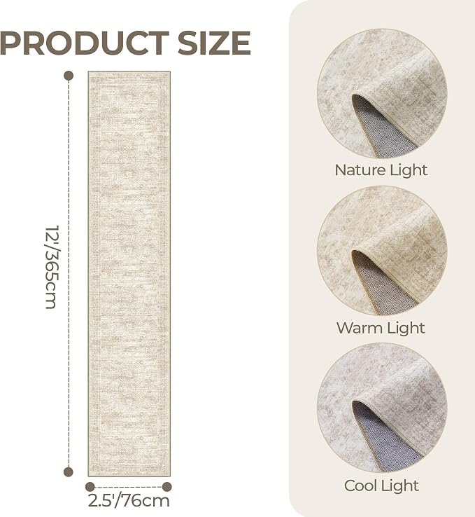 Washable Runner Rug 2.5x12, Non-Slip Long Bathroom Rugs Runner