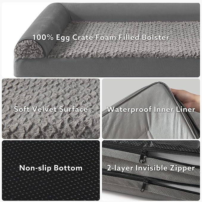 JOEJOY Orthopedic Dog Bed - Large Dog Couch, U Shape Memory Foam with Removable Washable Cover, Waterproof Lining, Comfy Bolster, 35" x 25" x 6.5", Dark Grey