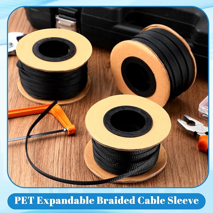 Pangda 450 Feet 1/4, 1/2, 3/8 Inches Wire Loom PET Expandable Braided Sleeving Braided Sleeve for TV, Computer, Home Theater (Black)