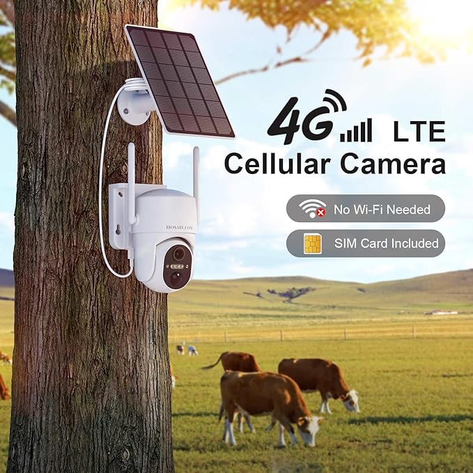 4G LTE Cellular Solar Security Camera Wireless Outdoor, No WiFi Security Camera, Off Grid 2K Color Night Vision 360° Live View,Built-in SIM Card with Cloud Storage for Barn Farm Jobsite (2 PCS)