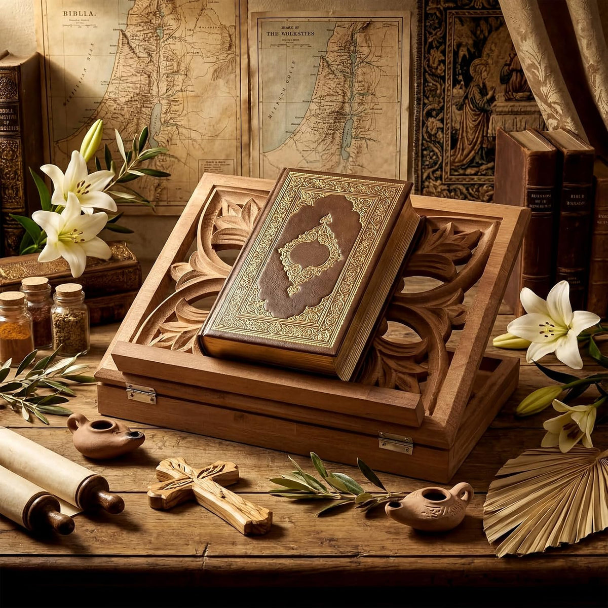 Amyhill Adjustable Wooden Bible Stand 13x10, Carved Book Holder, Classic