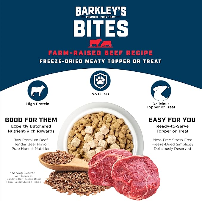 Barkley’s Bag Beef Bites, Freeze Dried Dog Treats & Food Topper, Made w/Beef, Barley, and Quinoa, Small Bite-Sized Pieces for Training Rewards, for All Dog Breeds, Ages & Sizes, 4 Oz Bag (6 Pack)