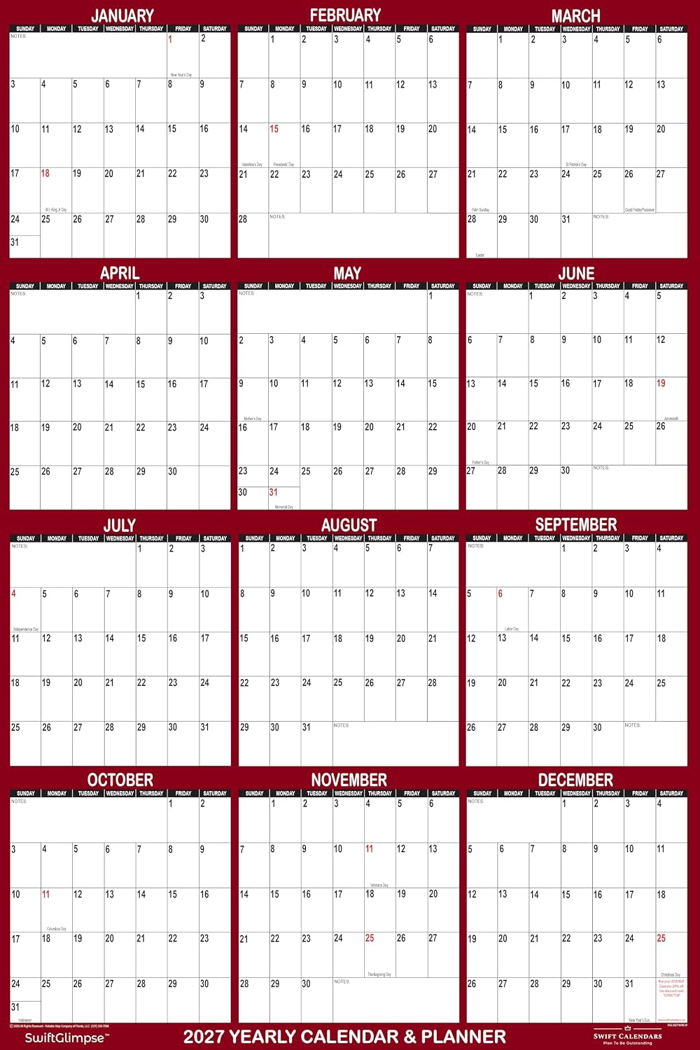 32" x 48" SwiftGlimpse 2027 Wall Calendar Erasable Large Wet & Dry Erase Laminated 12 Month Annual Yearly Wall Planner, Reversible, Horizontal/Vertical, Burgundy