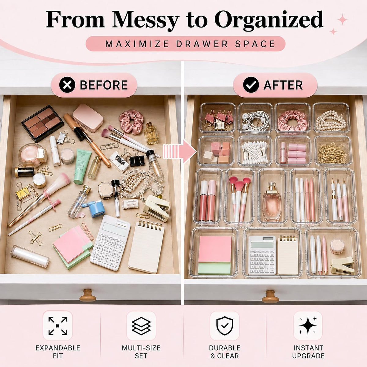 Adjustable Clear Drawer Storage Organizer, 16 Pack 3 Sizes Expandable Plastic Storage Boxes for Kitchen, Bathroom, Vanity, Office, Makeup, Desk and Closet Organization