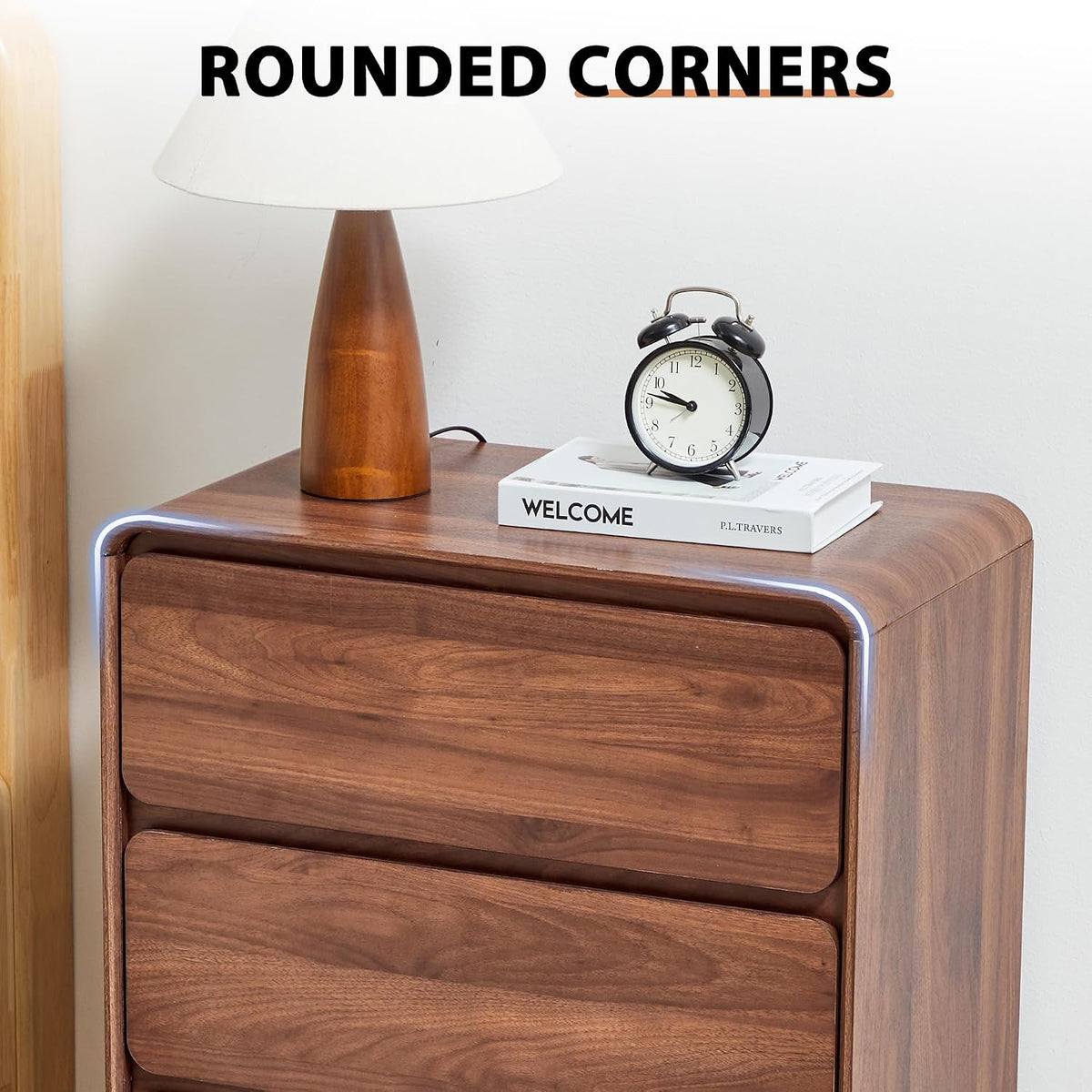 AVZEAR Modern 3 Drawer Dresser for Bedroom, Wooden Dresser Chest of Drawers, Handle Free & Curved Profile Design, Mid Century 3 Drawer Nightstand for Living Room, Walnut